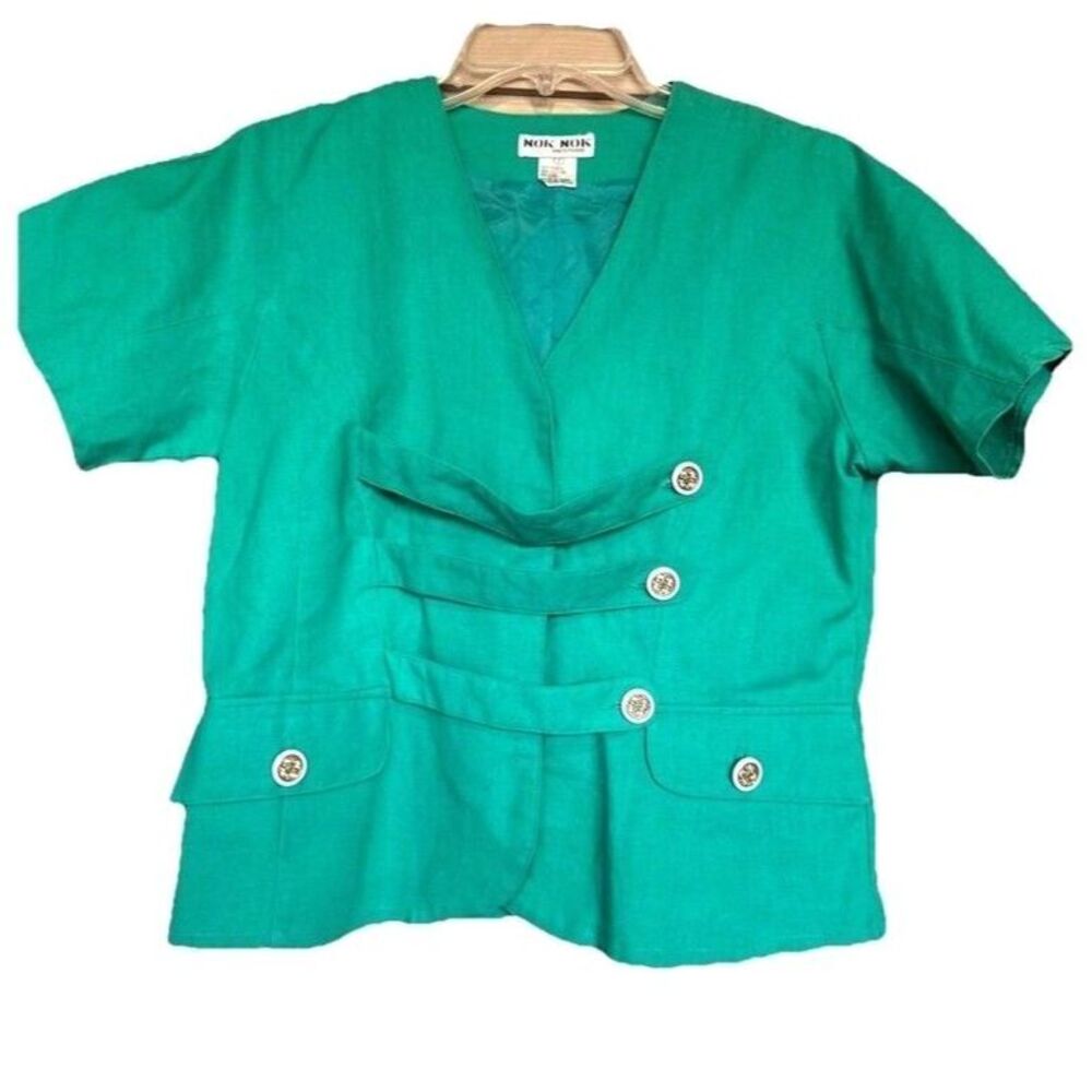 Vintage Emerald Green Ramie Linen Short Sleeve Asymmetric Military Blazer 7